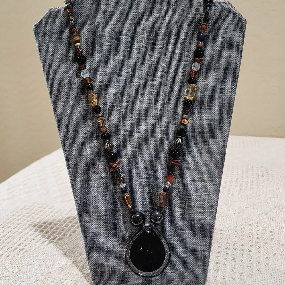 Artisan BOHO Earth Tone Large Blown Glass Swirl Pendant Beaded Long Necklace